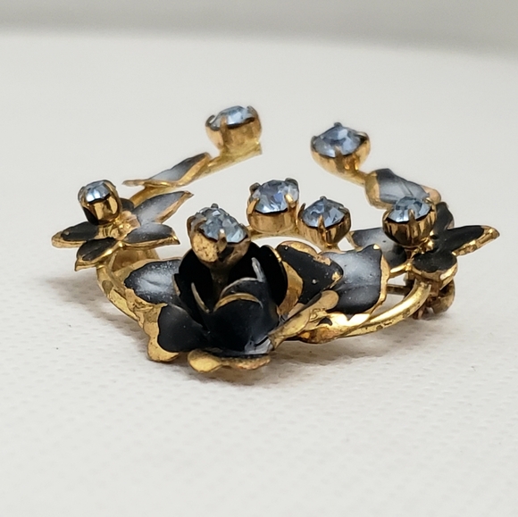 Equistive Austrian Made Floral Blue With Gold and Baby Blue Rhinestones Brooch - Picture 3 of 13